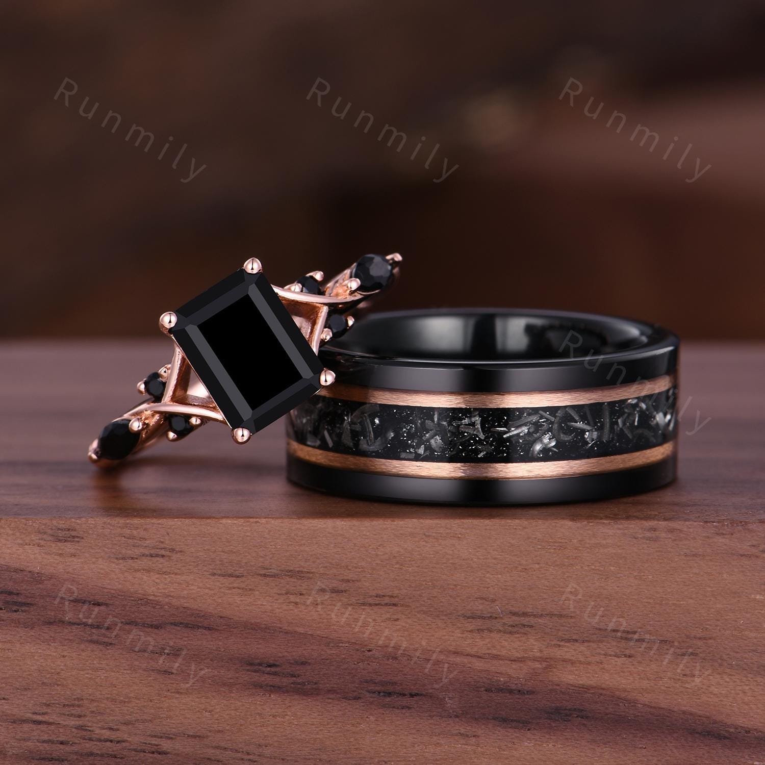 Vintage Black Onyx Couples Ring Set Emerald Cut Black Gemstone Ring Rose Gold His and Hers Wedding Band Mens Meteorite Ring Promise Rings