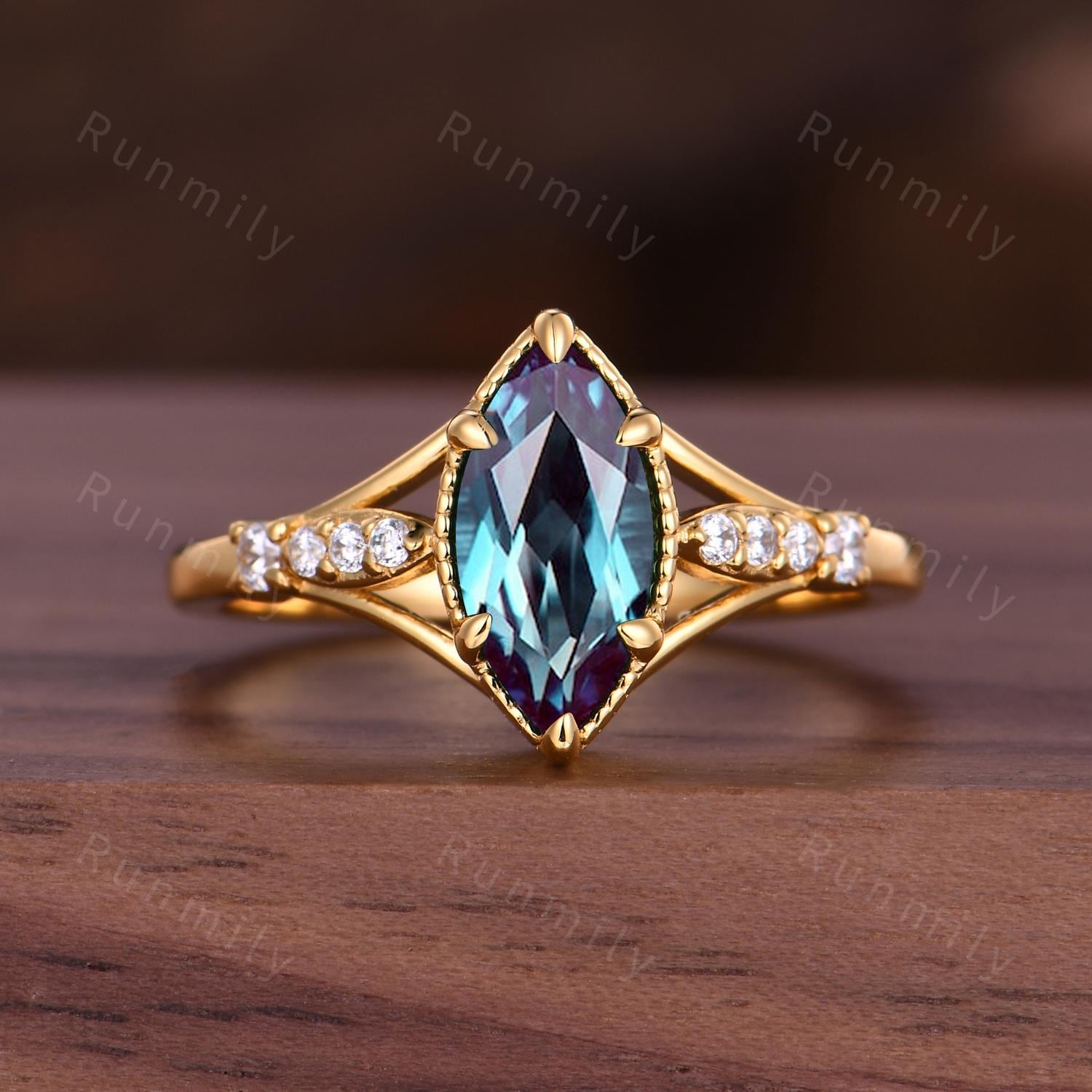 Alexandrite Engagement Ring - 14K Solid Yellow Gold Ring - Unique Art Deco Moissanite Wedding Ring - Vintage June Birthstone Promise Ring
