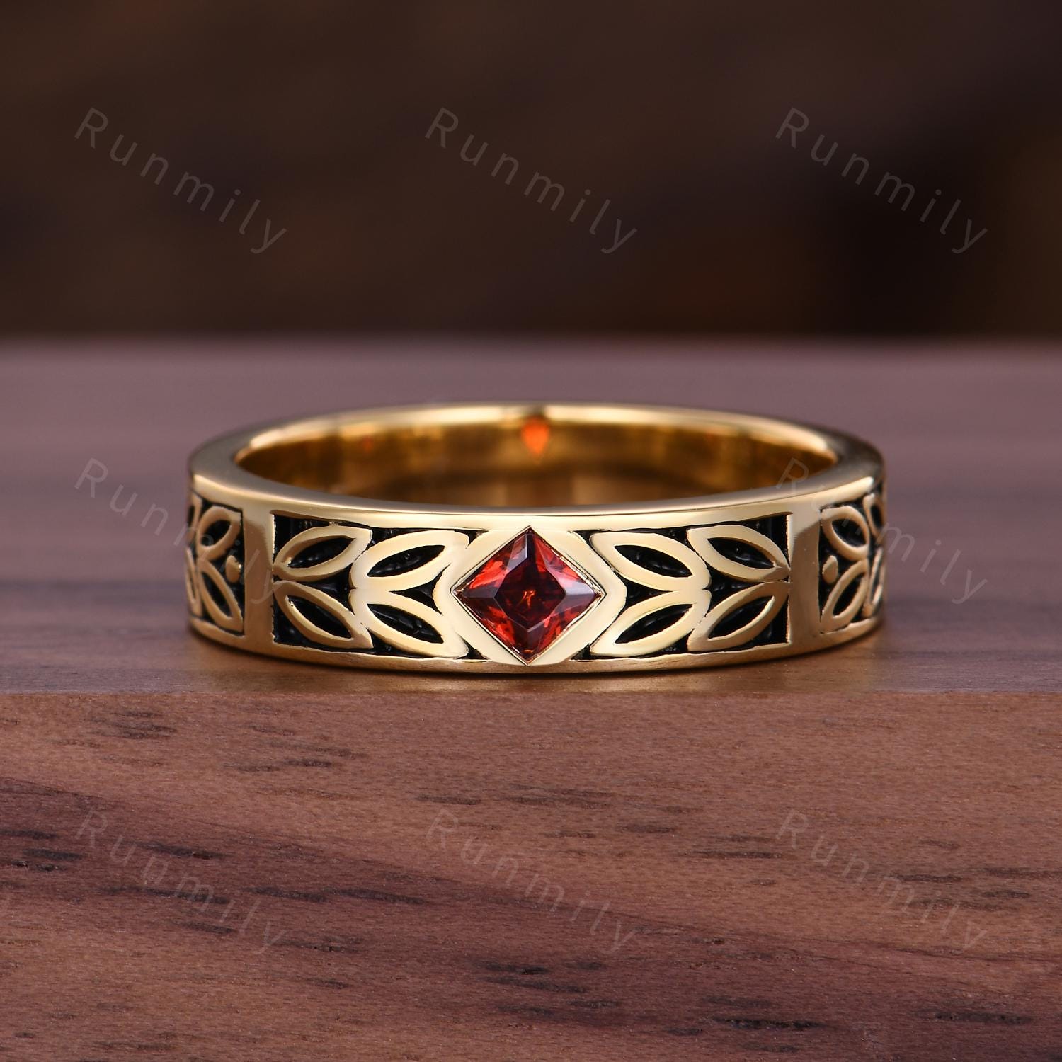 Men's Princess Cut Garnet Wedding Band 5mm Mens Engagement Ring Vintage Leaf Style Ring Mens Stacking Ring Promise Ring For Husband