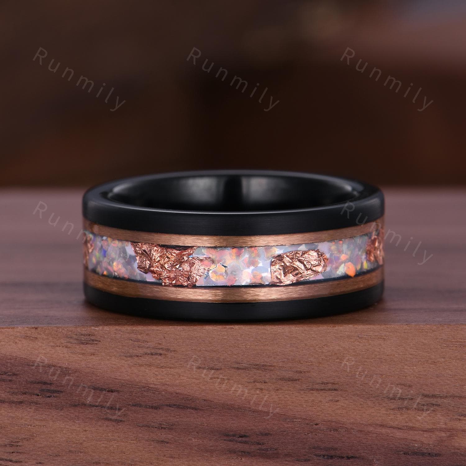 Coffin Cut White Opal Couples Ring Set - Rose Gold His and Hers Wedding Band - Nature Inspired October Birthstone Matching Promise Rings