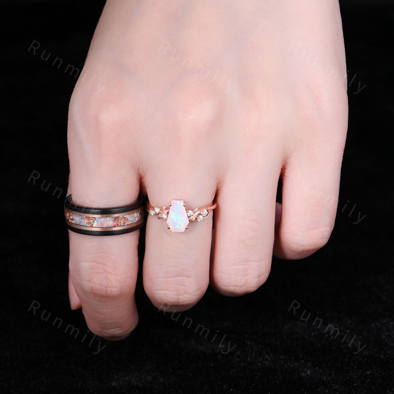 Coffin Cut White Opal Couples Ring Set - Rose Gold His and Hers Wedding Band - Nature Inspired October Birthstone Matching Promise Rings