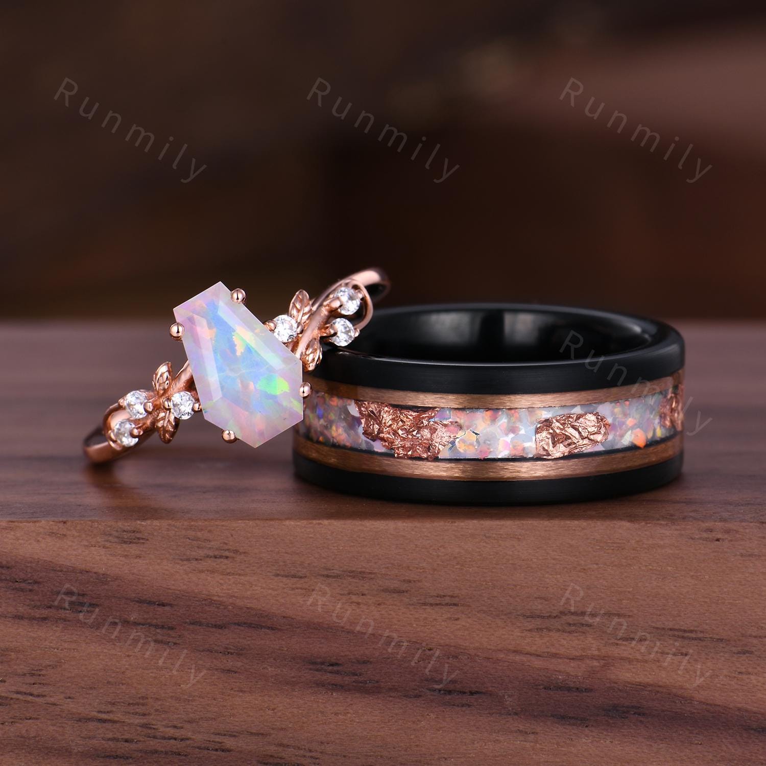 Coffin Cut White Opal Couples Ring Set - Rose Gold His and Hers Wedding Band - Nature Inspired October Birthstone Matching Promise Rings
