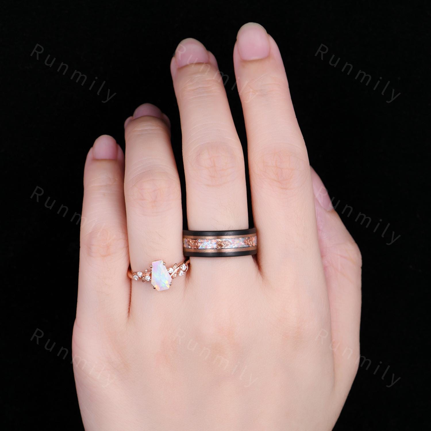 Coffin Cut White Opal Couples Ring Set - Rose Gold His and Hers Wedding Band - Nature Inspired October Birthstone Matching Promise Rings