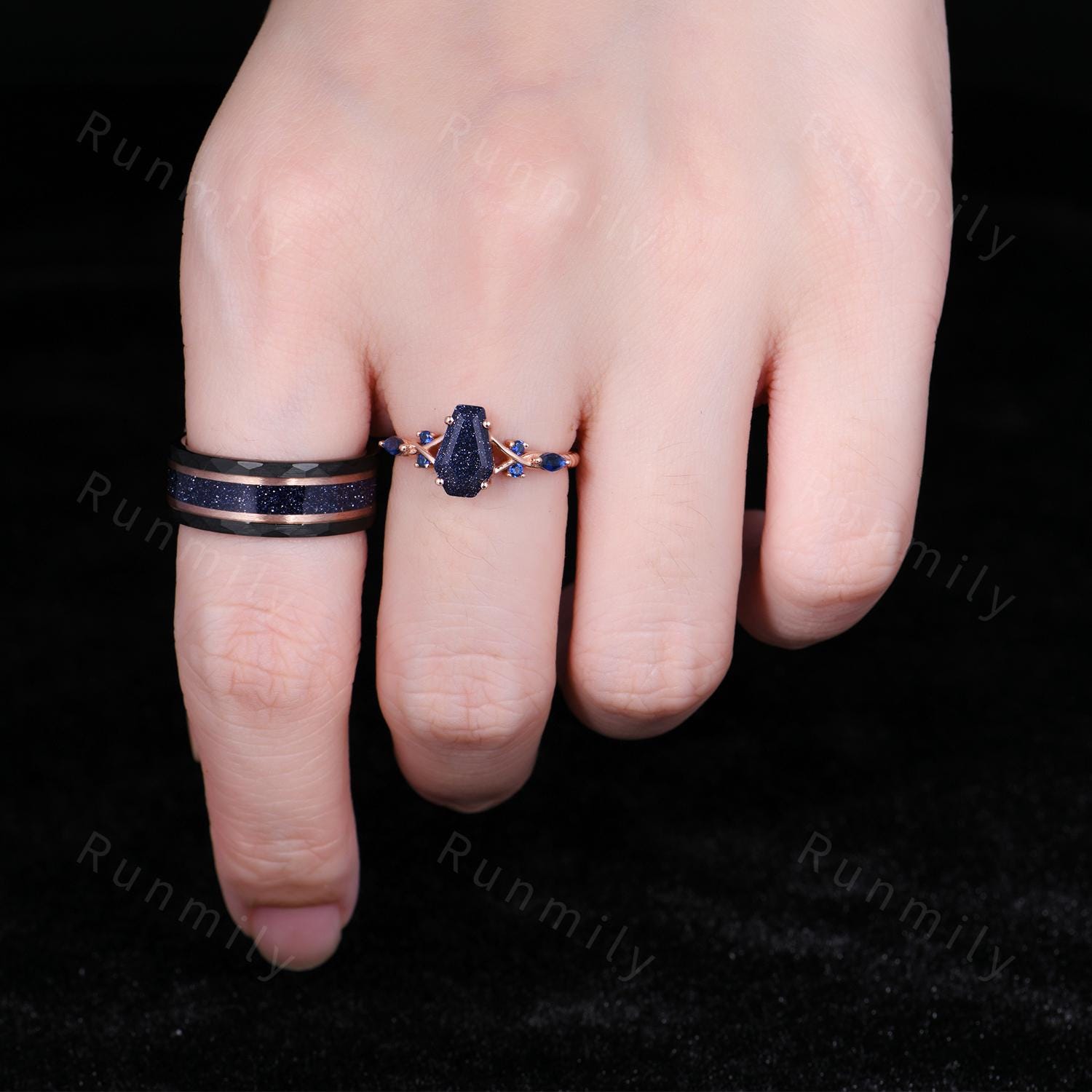 Galaxy Blue Sandstone Couples Ring Set - Rose Gold His and Hers Wedding Band - Coffin Cut Bridal Ring - Vintage Promise Rings For Couples