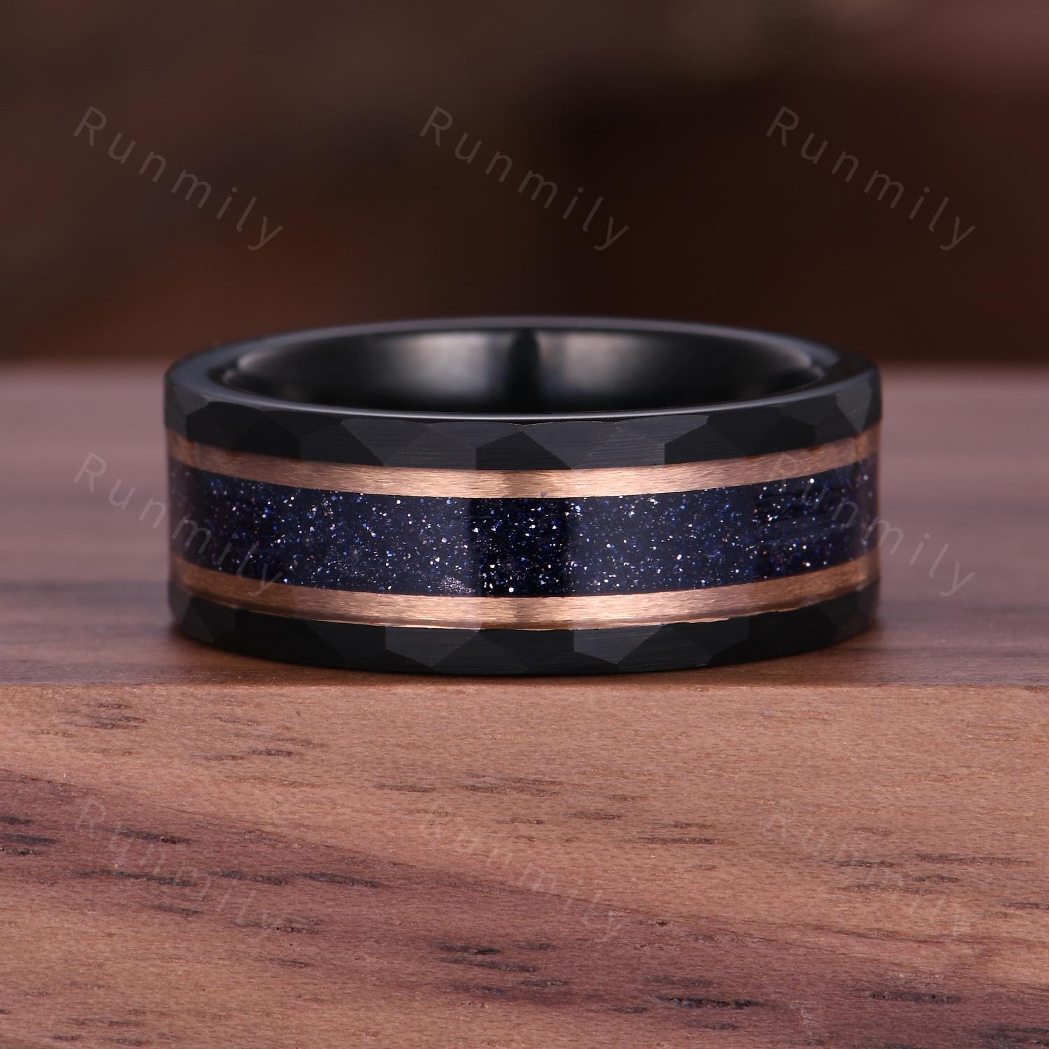 Galaxy Blue Sandstone Couples Ring Set - Rose Gold His and Hers Wedding Band - Coffin Cut Bridal Ring - Vintage Promise Rings For Couples