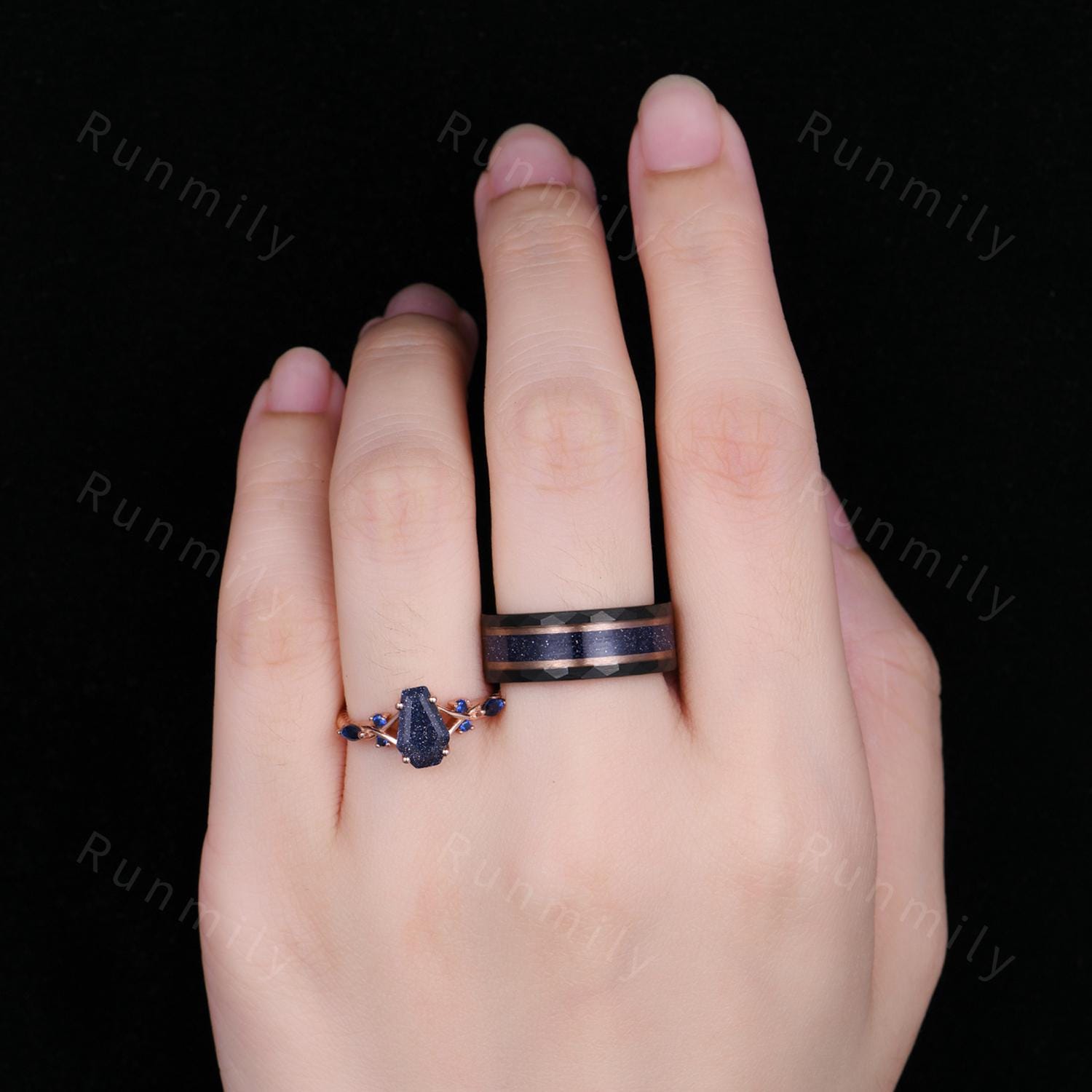 Galaxy Blue Sandstone Couples Ring Set - Rose Gold His and Hers Wedding Band - Coffin Cut Bridal Ring - Vintage Promise Rings For Couples