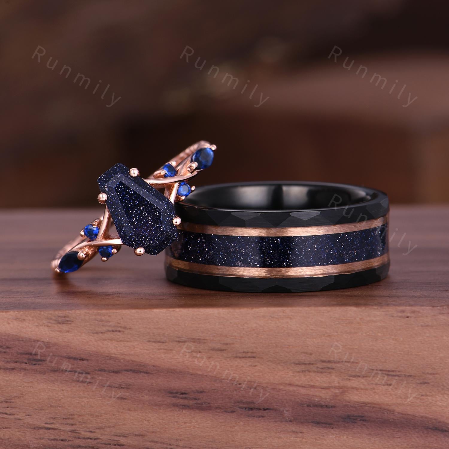 Galaxy Blue Sandstone Couples Ring Set - Rose Gold His and Hers Wedding Band - Coffin Cut Bridal Ring - Vintage Promise Rings For Couples