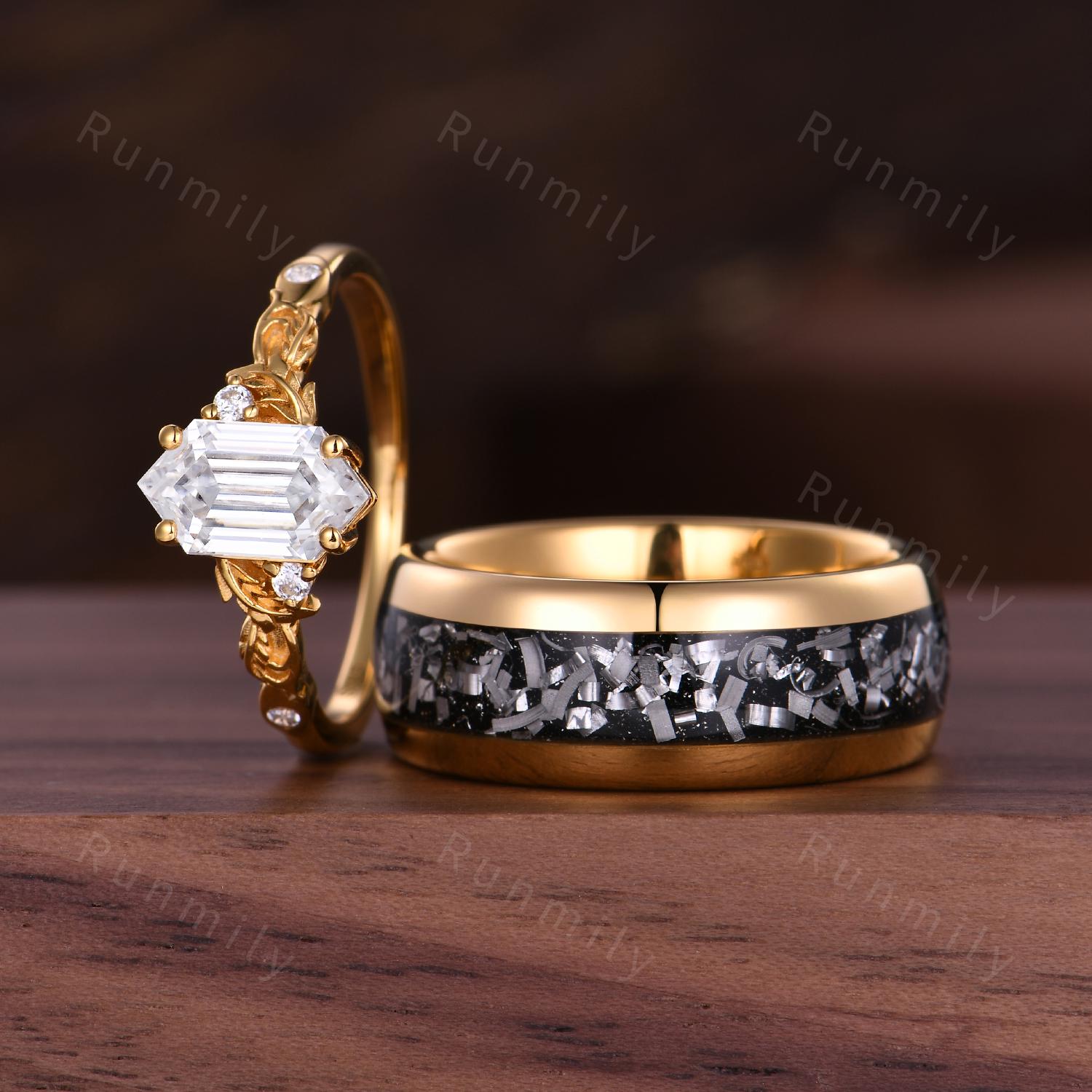 Vintage Moissanite Engagement Ring His and Hers Moissanite Couples Ring Set Yellow Gold Matching Promise Rings Alternative Engagement Ring