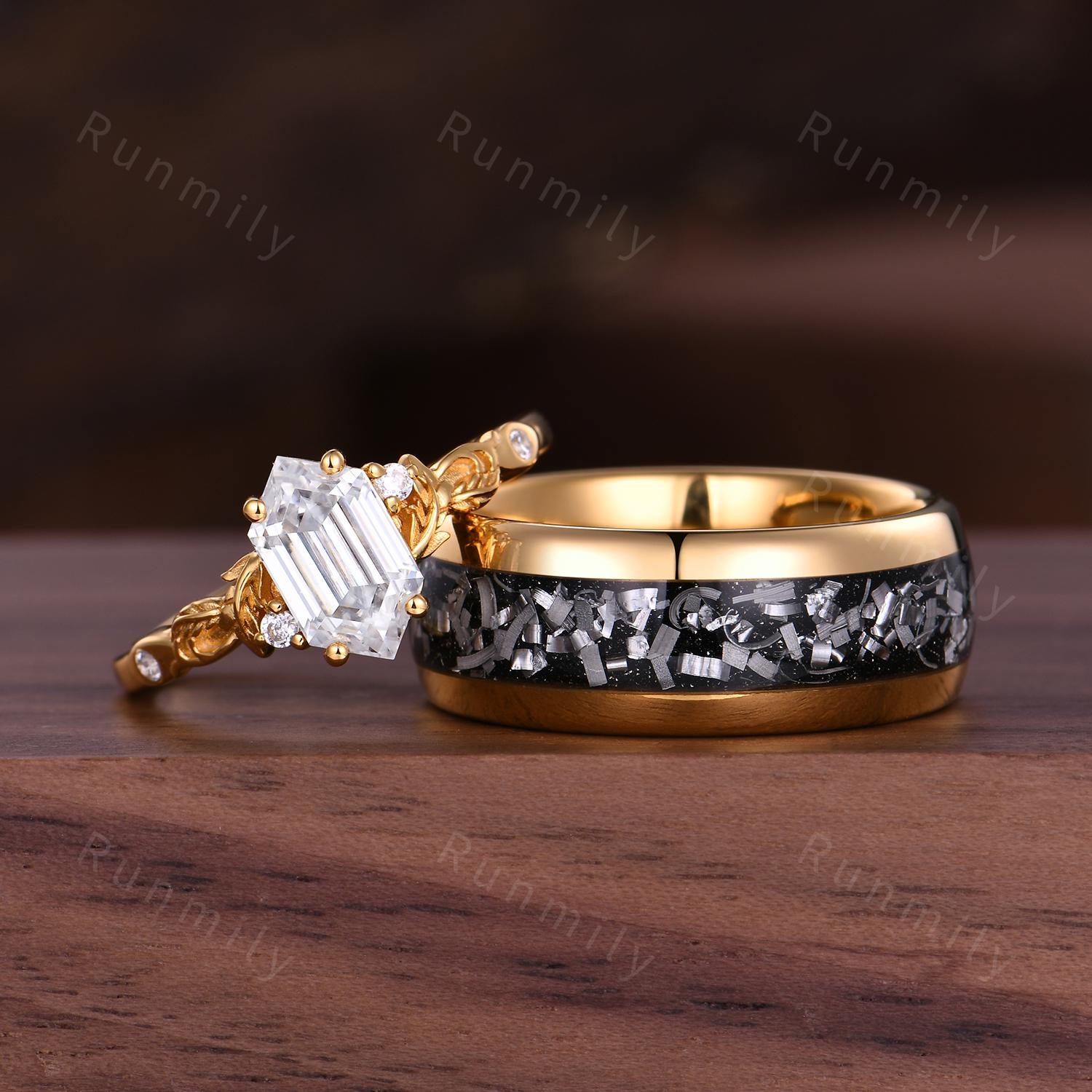 Vintage Moissanite Engagement Ring His and Hers Moissanite Couples Ring Set Yellow Gold Matching Promise Rings Alternative Engagement Ring