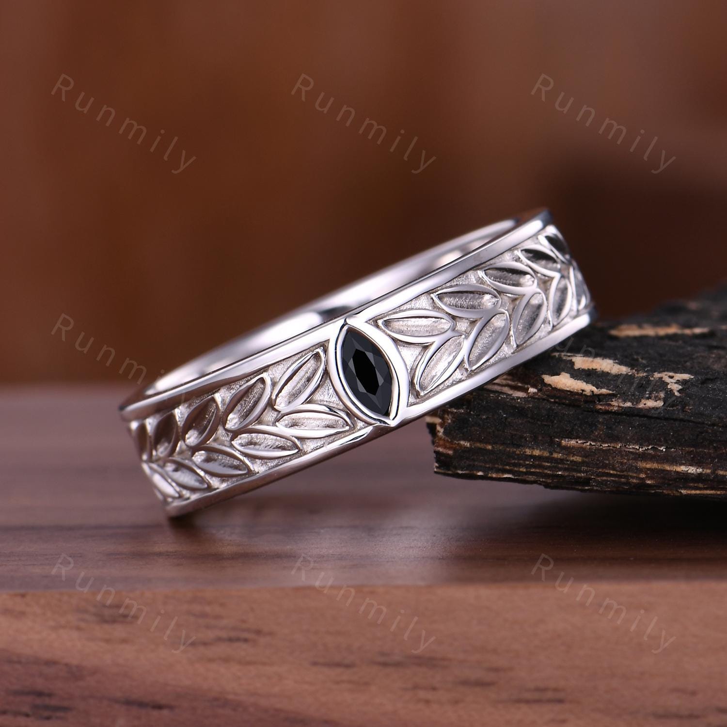 Mens Black Onyx Wedding Band Unique Marquise cut Wedding Band For Mens Natural Gemstone Ring His Engagement Ring Band Leaf-Inspired Ring