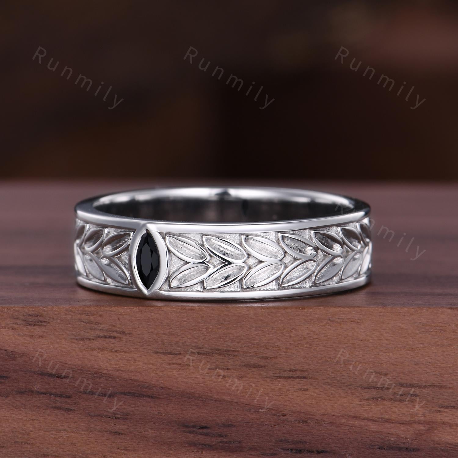 Mens Black Onyx Wedding Band Unique Marquise cut Wedding Band For Mens Natural Gemstone Ring His Engagement Ring Band Leaf-Inspired Ring