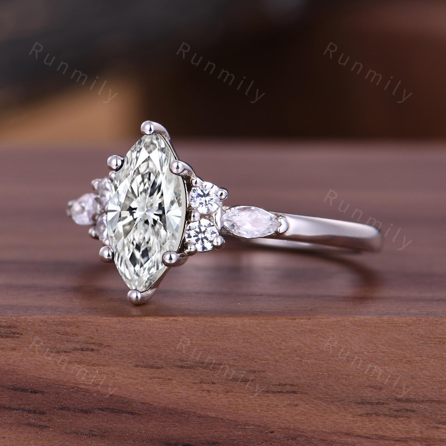 Marquise Cut Moissanite Engagement Ring Unique 14K White Gold Bridal Ring Moissanite Cluster Wedding Ring Vintage Promise Ring Platinum Ring
