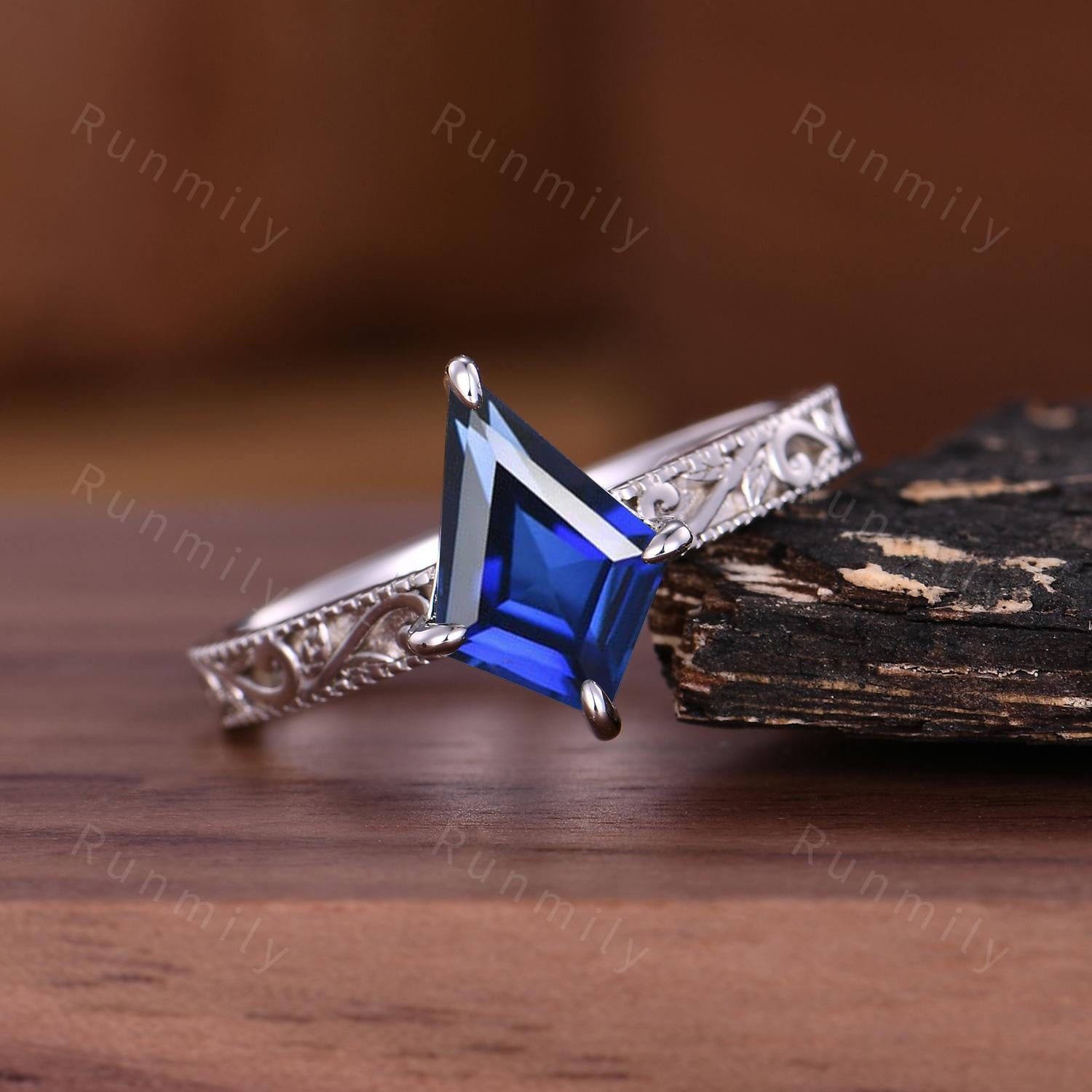 Filigree Antique Leaf Style Blue Sapphire Engagement Ring: 14K White Gold Kite Cut September Bridal Promise Ring