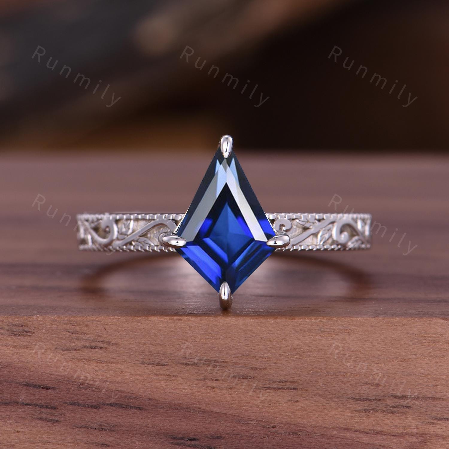 Filigree Antique Leaf Style Blue Sapphire Engagement Ring: 14K White Gold Kite Cut September Bridal Promise Ring