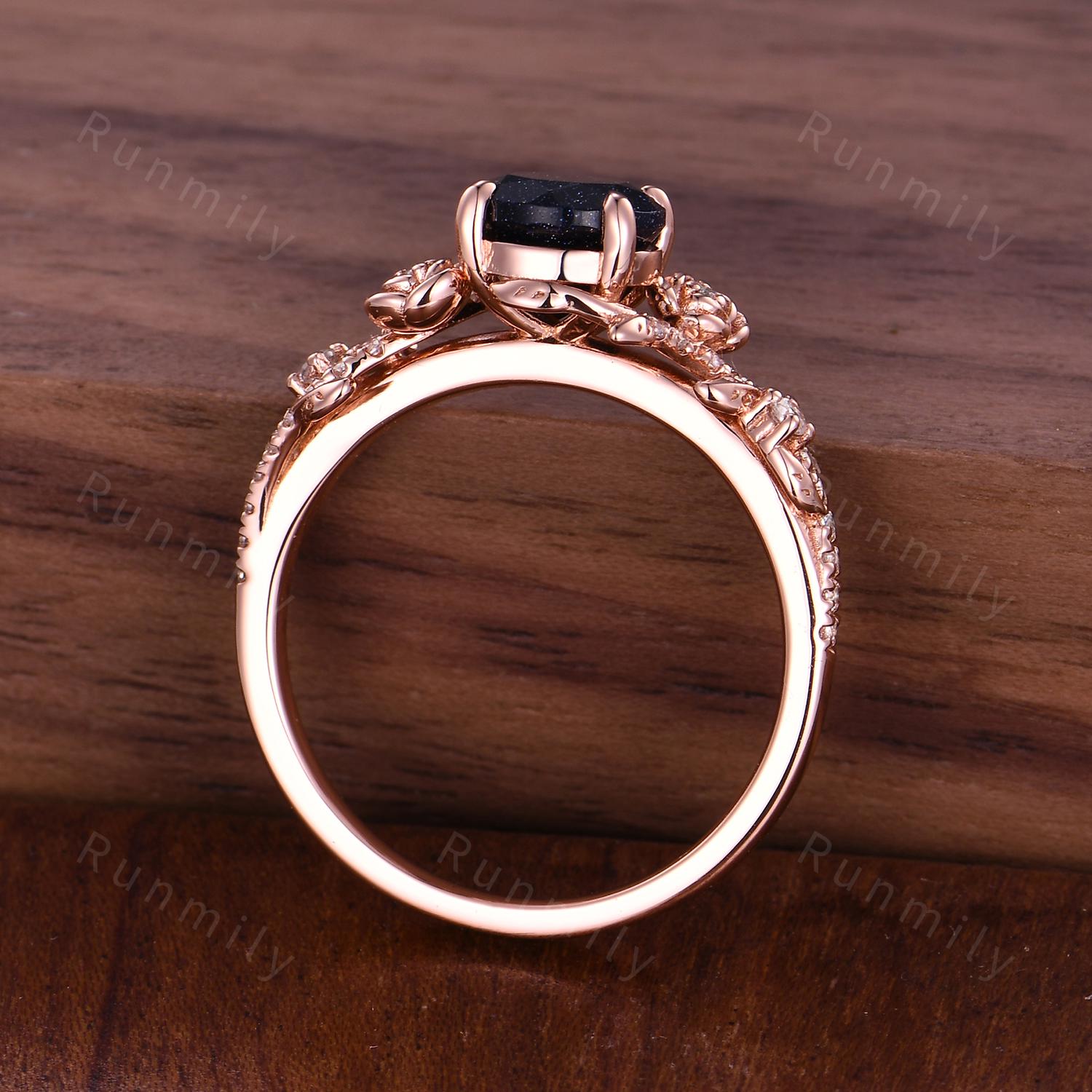 Floral Round Blue Sapphire Engagement Ring Vintage Flower Leaf Ring Women Unique Branch Moissanite Ring September Anniversary Promise Ring