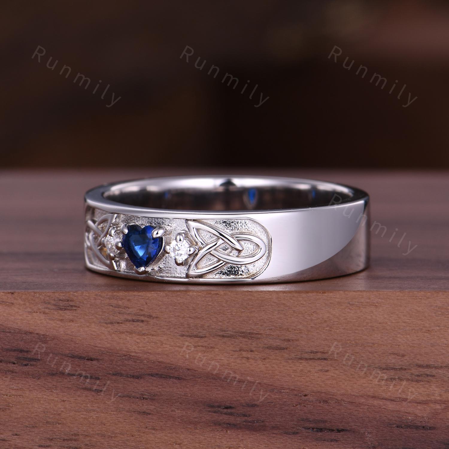 Celtic Men's Blue Sapphire Wedding Band 3mm Heart Cut Gemstone His Engagement Ring Vintage  Mens Stacking Ring Gift For Husband