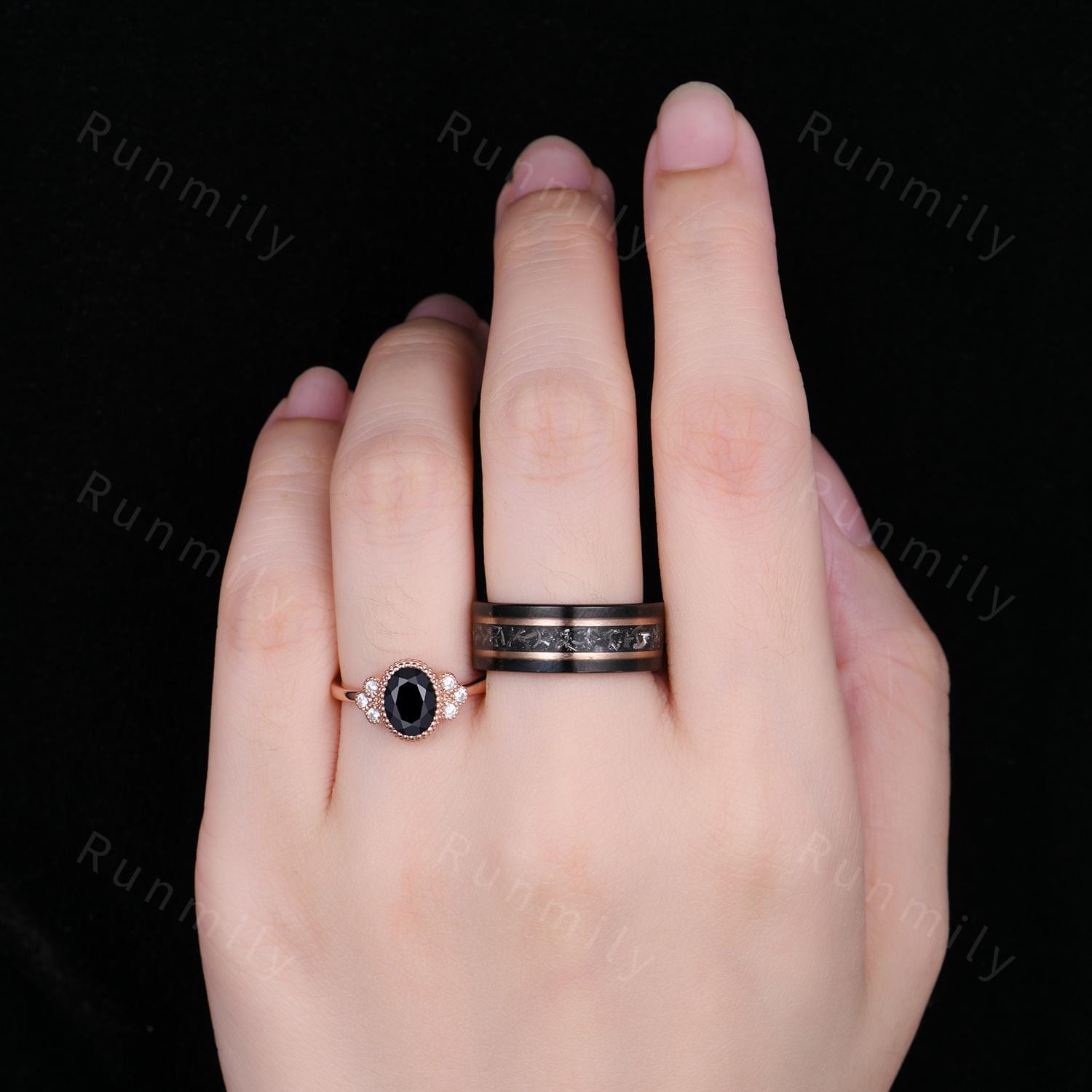 Vintage Black Onyx Couples Ring Set, Rose Gold His and Hers Wedding Bands, 8mm Men's Meteorite Ring Unique Promise Rings