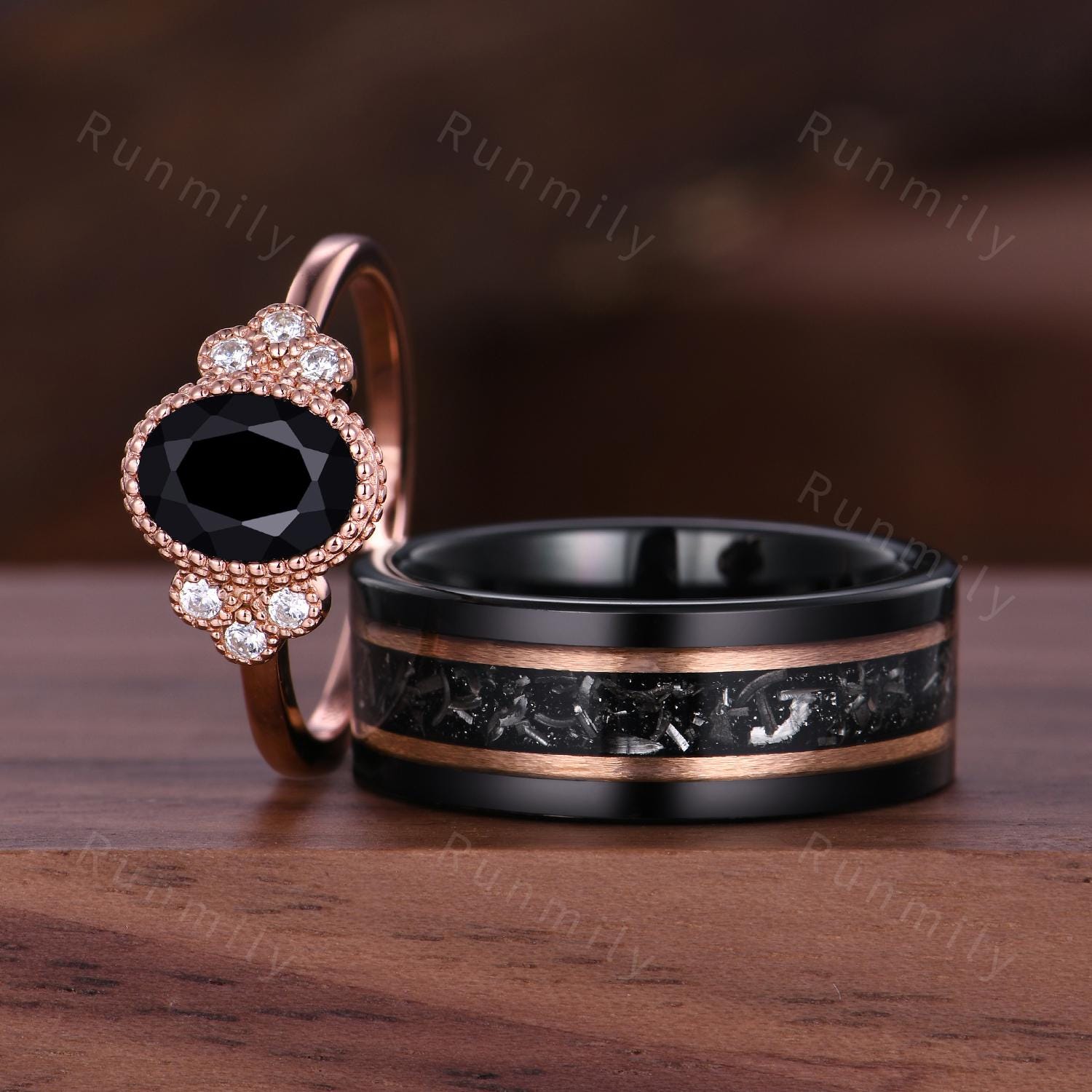 Vintage Black Onyx Couples Ring Set, Rose Gold His and Hers Wedding Bands, 8mm Men's Meteorite Ring Unique Promise Rings