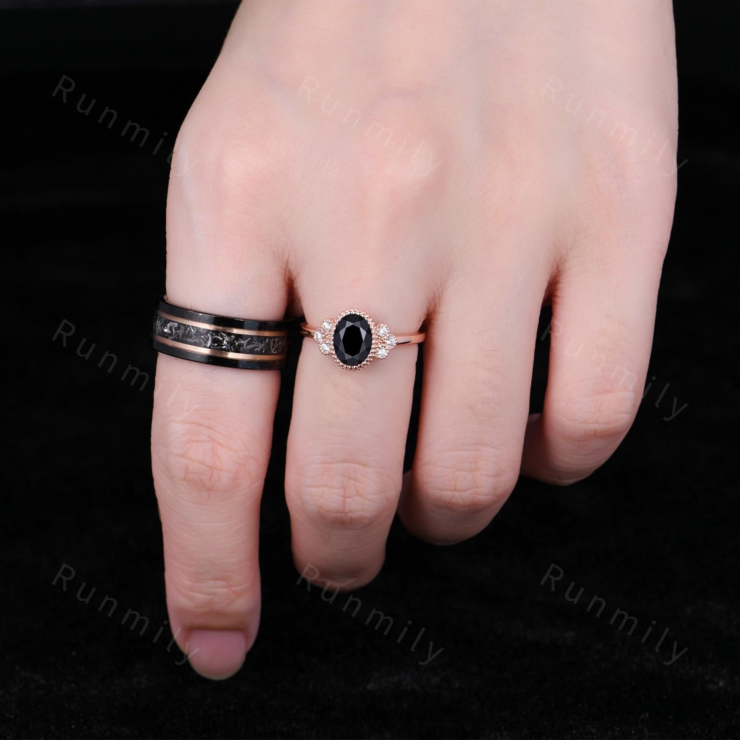 Vintage Black Onyx Couples Ring Set, Rose Gold His and Hers Wedding Bands, 8mm Men's Meteorite Ring Unique Promise Rings