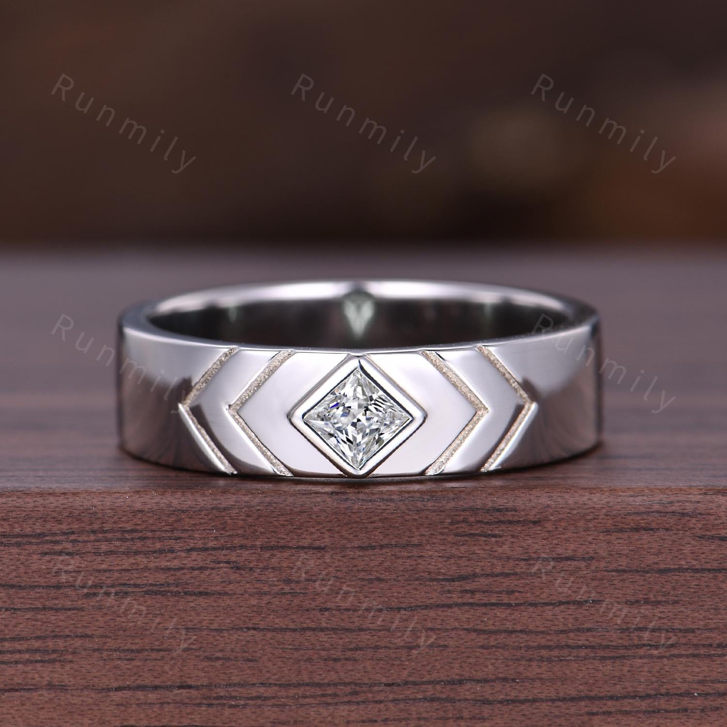 Princess cut Moissanite Mens Wedding Band Silver 5mm Men's Stacking Ring Unique His Engagement Ring Band Retro Vintage Bezel Set Ring